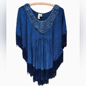 Vintage Studio West Denim Fringe Bohemian Rayon Blouse Poncho Womens Size MEDIUM